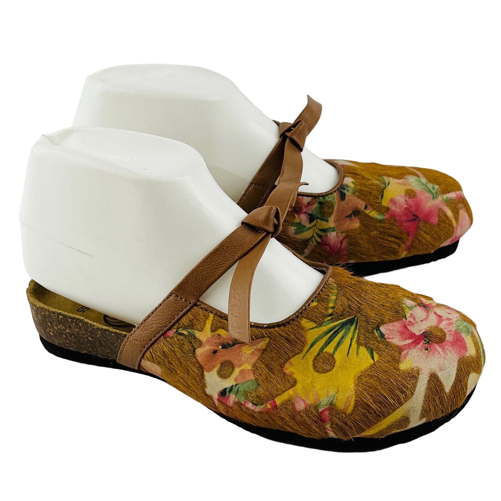 Womens 5.5 Eurowellness Calf Hair Cork Mules Brown Floral Leather Balance Slides